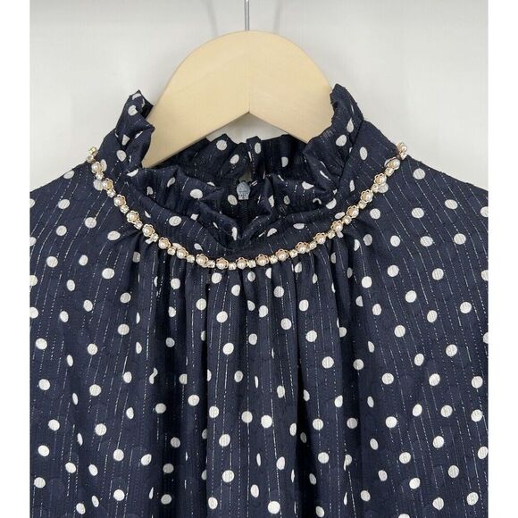 SANDRO Paris Blue Polka Dot Dress SIze 10 FR 42 Short Sleeve Sheer Lined Elegant - Picture 2 of 6